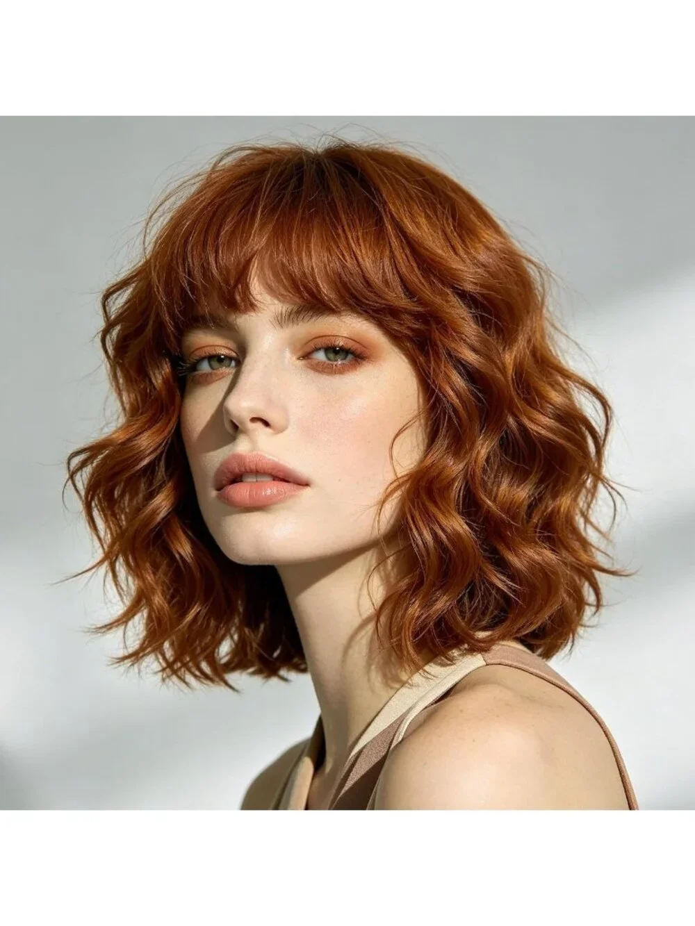Women's Auburn 14 Inch Heat Resistant Short Bangs Bob Modern Wavy Wigs